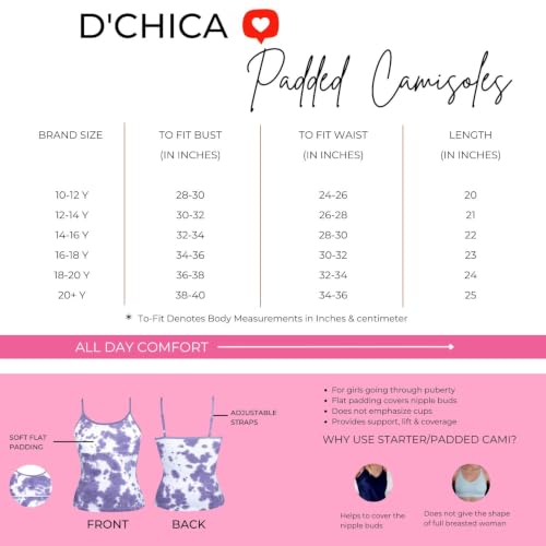 Image of DChica Cotton Padded Camisole Bra for Girls, Sleeveless Undershirts with Adjustable Straps, Tank Top /Innerwear for Girls (Pack of 1) Pink & White Camisole Inner Vest