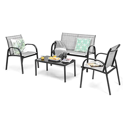 KOMFOTTEU Ensemble de Salon de Jardin 4 Pièces pour 4 Personnes, Mobilier d’Extérieur avec 2 Chaises, 1 Canapé et 1 Table Basse, Meubles de Terrasse pour Cour, Patio, Balcon (Gris)