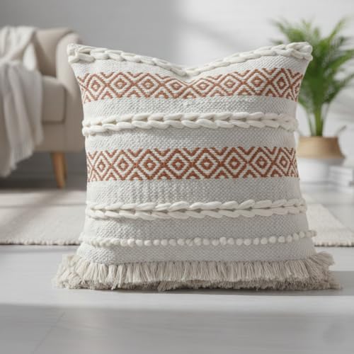 Image of TreeWool Kaavi/Rust Boho Cushion Cover 45x45cm [1 Piece] – Hand Woven Textured Cotton Throw Pillow Case with Braided Loops & Fringes; Decorative Scandi Style Pillow for Sofa & Bedroom