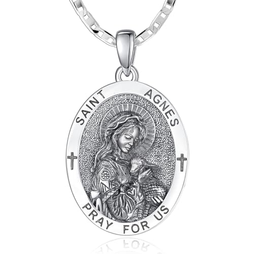 GUANMTY St Agnes Medal Sterling Silver Saint Agnes Medal Pendant Necklace Religious Necklace Catholic Jewelry Christian Gifts for Women