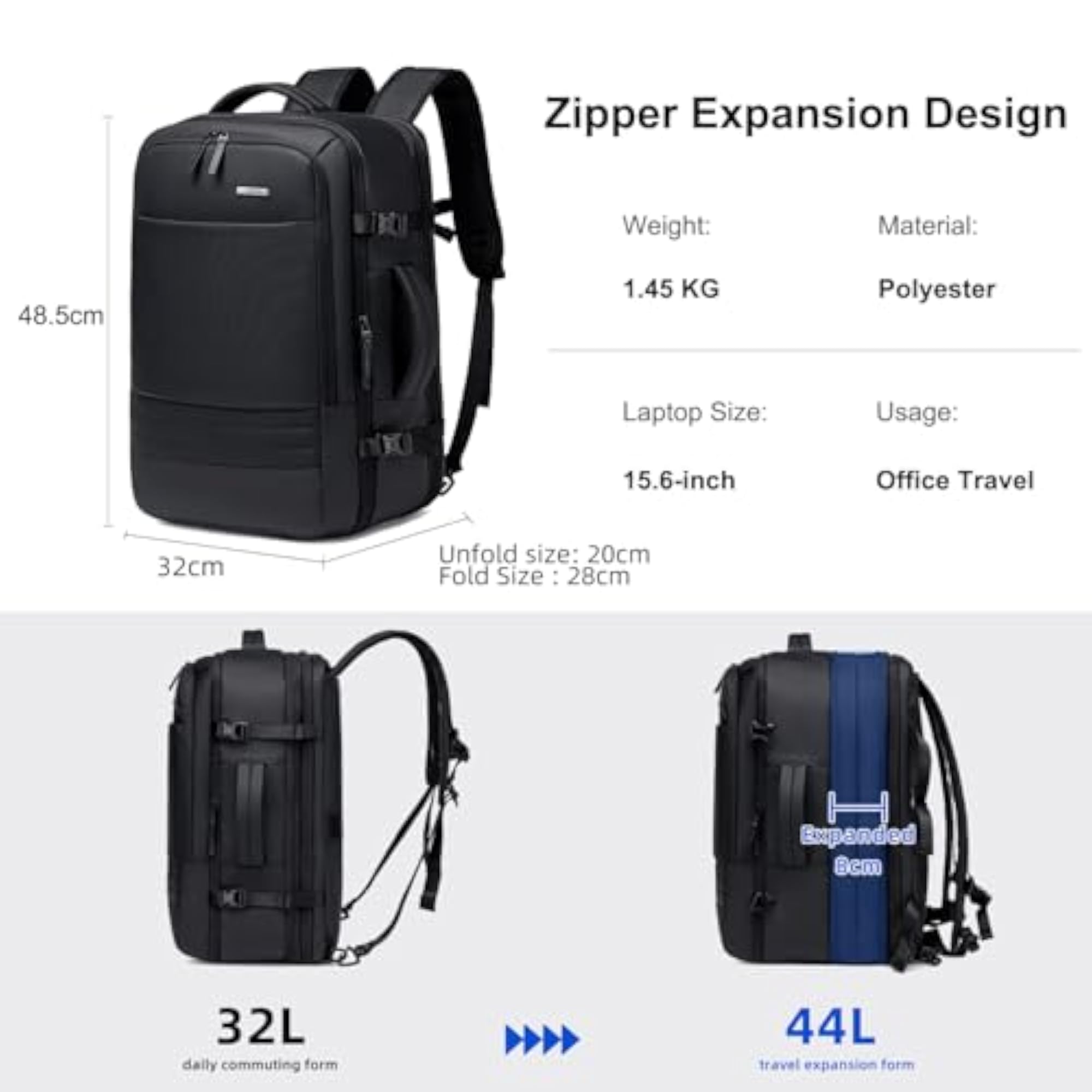 Men's 44L Heavy Duty Expandable Laptop Backpack, Water-Resistant