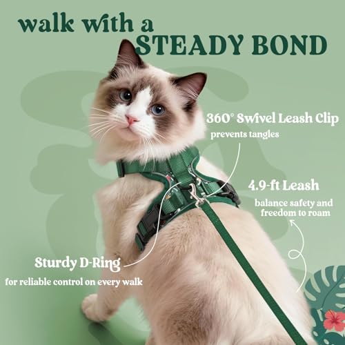 Image of rabbitgoo Cat Harness and Leash Set, Escape Proof Vest, Rainforest Green | Soft Breathable Mesh, Easy Adjustable Fit, Snap Buckles, Sturdy Clip, Reflective Strips, for Average Cats Walks, S