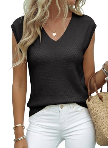 Image of Dokotoo Sweaters for Women 2026 Summer Eyelet Cap Sleeve Knitted Vest V Neck Business Casual Loose Pullover Tank Tops