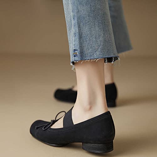 Womens Nubuck Leather Ballet Flats, Retro Square Toe with Wide Elastic Crisscross Band Low Thin Heel Shoes for Everyday Wear3