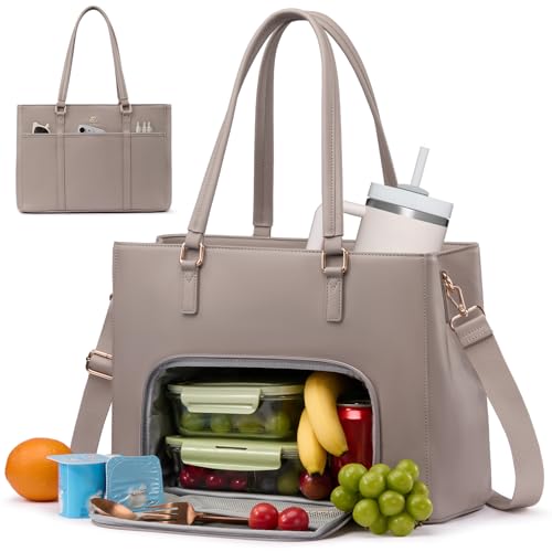 Image of LOVEVOOK Lunch Bag for Women, Leather Work Laptop Tote Bag with Insulated Lunch Compartment&Cup Holder, 15.6 Inch 2 in 1 Lunch Tote for Business, Teacher, Nurse, Office, College, Casual