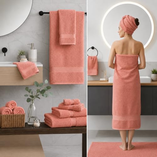 Image of Sulfar 100% Combed Cotton, 6 Pcs Towel Set - 2 Bath Towels (70 x 140 cm), 2 Hand Towels (40 x 70 cm) and 2 Face (30 x 30 cm) (600 GSM, Pack of 6) Coral Pink