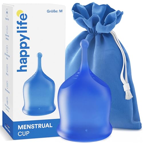 Happylife Copa menstrual – 20 ml de capacidad – 67 mm de longitud – Copa menstrual – Mango ergonómico – Material suave de silicona médica – Disco menstrual – Azul