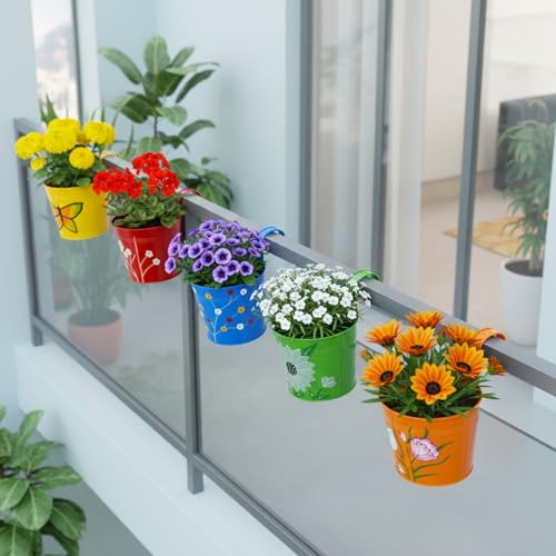 Image of Urban Plant Railing Hanging Metal Planter Pot | Gamla For Balcony | Bucket Planter For Home Decor | Pot For Indoor & Outdoor - Pack Of 5 (Floral),Multicolor