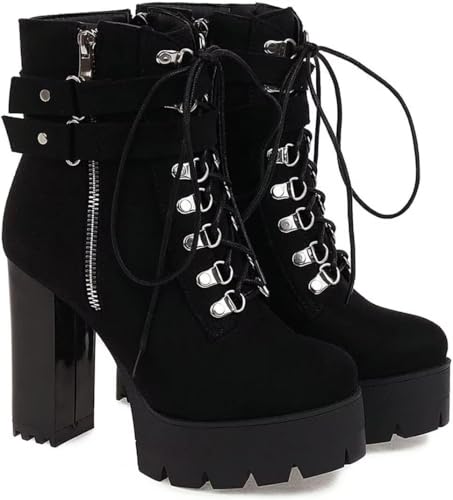 Agodor Women's Goth Platform Combat Booties Lace up Round Toe Chunky High Heel Gothic Ankle Boots (US 13, black)2