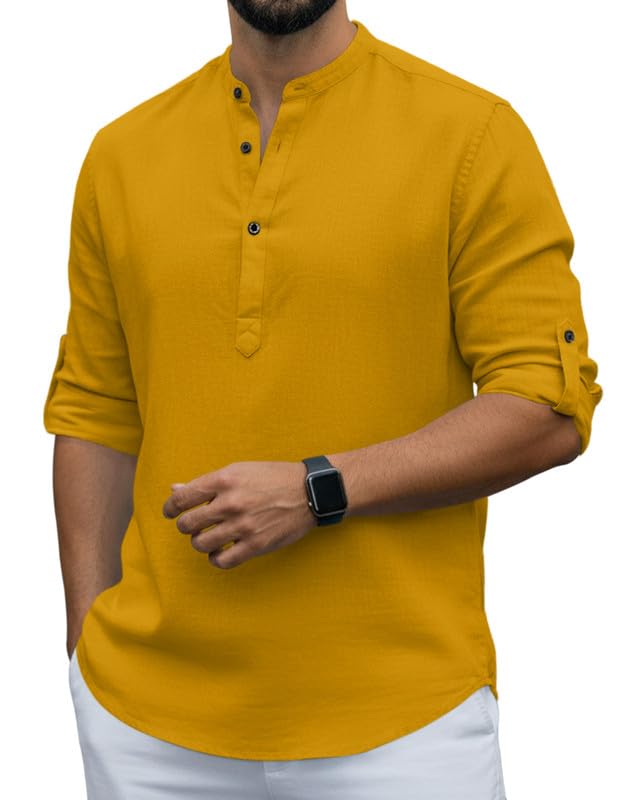 Image of Men Cotton Blend Mandarin Collar Casual Kurta Shirt | Roll-Up Sleeves | Regular Fit Ethnic Short Kurta for Daily