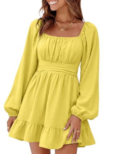 Image of Dokotoo Womens Dress Lantern Sleeve Elastic Waist Tie Backless Mini Dress | Square Neck,Off Shoulder,Flowy,Ruffle A-Line,Casual,Mini Dress,Beach Vacation Clothes,Fall Outifits,Wedding Guest,Boho