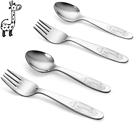 FUNNUO 4 Pack Toddler Utensils, 18/8 Stainless Steel Toddler Forks and Spoons, Safe Kid Silverware Set for Self Feeding, Children Flatware Sets with Mirror Polished，Dishwasher Safe