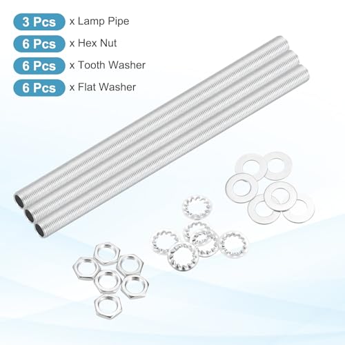 Image of MECCANIXITY 21Pcs 8.9 inch Lamp Pipe Nipples Kit with Hex Nuts Washers, M10 Fine Threaded Hollow Tube Repair Hardware Fasteners Assortment for Assembly Chandelier Ceiling Lamp DIY, Silver