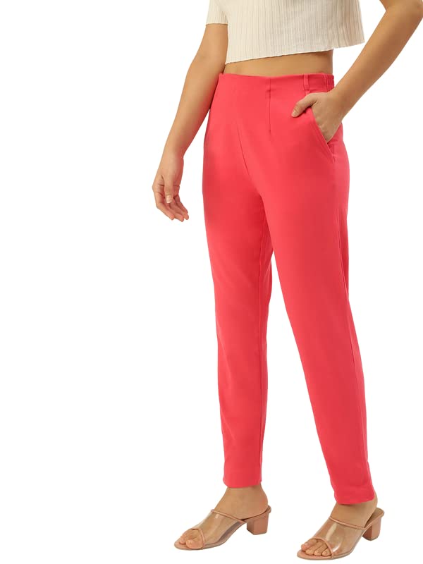 Image of De Moza Women Pencil Fit Cigarette Pant | 95% Cotton 5% Elastane | Mid Rise | 2 Pockets | Casual & Office Wear