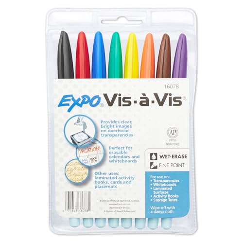 Image of EXPO Vis-a-Vis Wet Erase Markers, Semi-Permanent, Assorted Colors, Ultra Fine Tip, 8 Count - For Writing on Glass, Whiteboards, Mirrors, Calendar, Labeling, Organizing