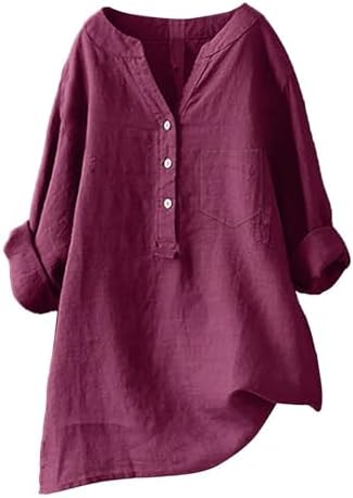 Linen Shirts for Women 2025 Buttons V Neck Cloths Long Sleeve Pockets Tshirt Trendy Dressy Blouses Casual Tunic Tops