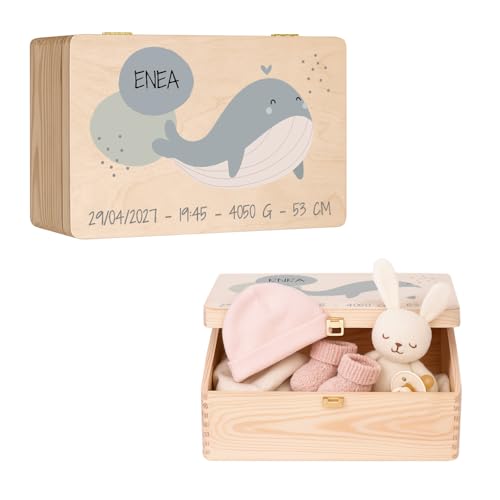 Maverton Scatola Ricordi Neonato o Neonata Personalizzata - Scatola Regalo per Bambini in Legno di Pino Naturale - Regalo Battesimo Bimbo o Bimba - Porta Oggetti per Ricordi Nascita
