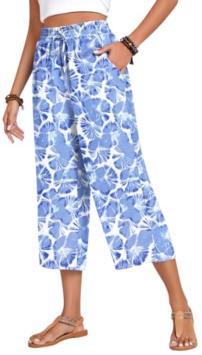 Anyhold Womens Plus Size Capri Pants Loose High Waisted Wide Leg Lounge Pants Drawstring Casual Palazzo Trousers with Pockets 2X-Large, Tie-Dye Blue