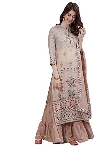 Image of ishin Women's Silk Peach Zari Embroidered A-Line Kurta set With Sharara And Dupatta