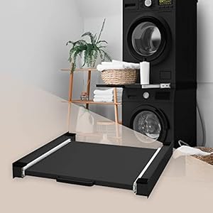 ML-Design Universeel Tussenframe met Uitschuifbare Plaat van Staal 60x60 cm Zwart Verbindingsframe voor Wasmachine en Droogkast Tussenbouwset met Uitschuifelement als Opbergruimte voor Wasmand