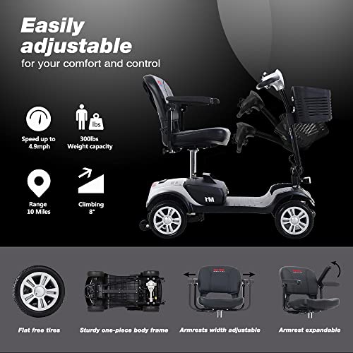 Image of Electric Mobility Scooter for Adults 4-Wheel Powered Mobility Scooters for Seniors - 300 lbs Max Weight, Electric Powered Wheelchair Device - Compact for Travel, Elderly (with Head Light-Silver)