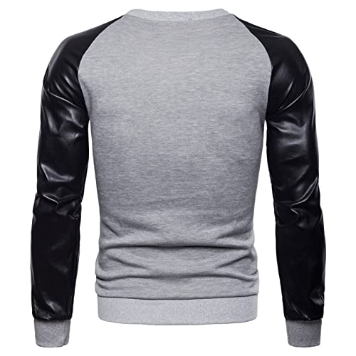JEsilunmaMY Men's Patchwork Leather Sweatshirt Long Sleeve Round Neck Pullover Tunic Tops Lightweight Casual Sport Jumpers3