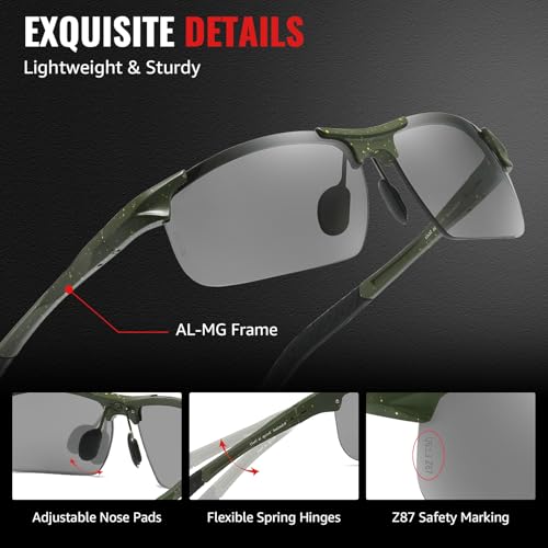 Image of TJUTR Mens Photochromic Sunglasses Day & Night Driving Z87 Sun Glasses Polarized UV400 Protection Safety Glasses