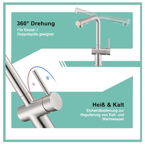 BONADE Niederdruck Armatur Küche Ausziehbar, Wasserhahn Küche mit Brause Zwei Wasserstrahlarten, Edelstahl Niederdruck Küchenarmatur, 360° Drehbar Mischbatterie Küche für Boiler, Gebürstet