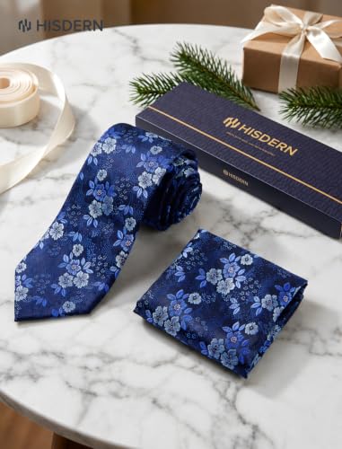 Image of HISDERN Extra Long Ties for Men Classic Floral Tie and Pocket Square Elegant Silk Necktie Handkerchief Set Wedding Party