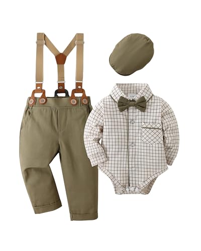 Image of nilikastta Baby Boy Wedding Outfits Infant Baby Boy Clothes Suit Dress Shirts /Suspender Pants /Bowtie /Beret Hat 0-18M