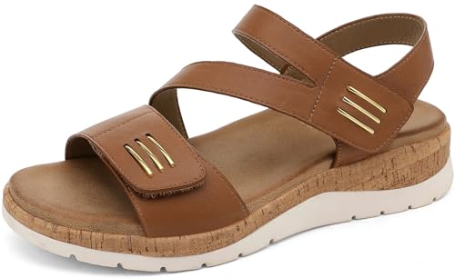 Image of UBFEN Womens Low Wedge Walking Sandals with Arch Support | Open Toe Sandals Adjustable Instep and Ankle Straps for Summer Everyday Outfits, Travel,Vacation