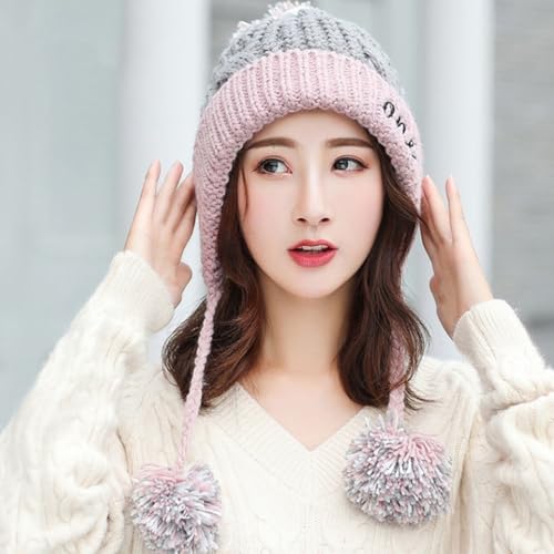 RuiKonM Free Size 帽子 耳当て ニット帽 ボンボン レディース ピンク スキー スノボ 秋冬 ファー付き ポンポン 男女兼用 カジュアル 防寒 メンズ帽子ボンボン付きニット帽 たためる スノボ スキー キャンプ秋冬 冬 3枚目