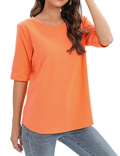 1/2 Sleeve T Shirts for Women Casual Cotton Tunic Tee Tops Orange Crew Neck Blouse M