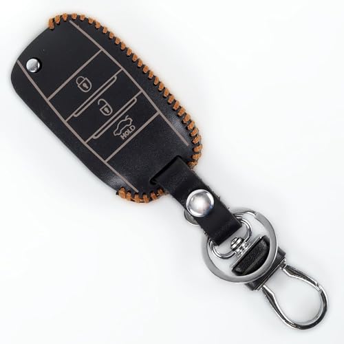 Image of Leather Smart Car Key Cover Case with Metal Hook Keychain for Kia Seltos, Sonet, Carens(Black)