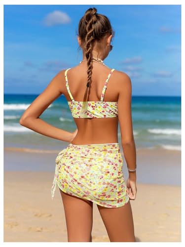 Image of OYOANGLE Girl's 3 Piece Bikini Sets Floral Print Spaghetti Straps Cute Swimsuits with Beach Skirt Bathing Suits