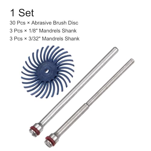 Image of HARFINGTON 30pcs Radial Bristle Disc Set 1 inch 120 Grit Detail Abrasive Brush Kit Gap Polishing Wheel Assortment with 1 /8 inch 3 /32 inch Shank Mandrels for Jewelry Wood Metal Polishing Cleaning, Blue