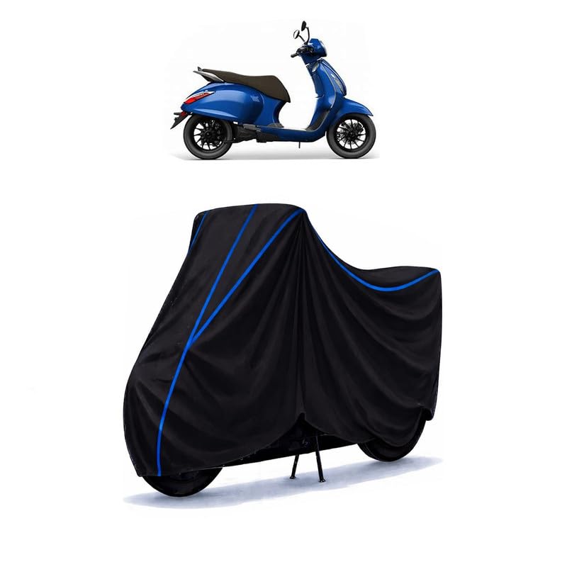 Image of Scooty Cover Water Resistant for Chetak Blue 3202 | Universal Scooter & Bike Cover | Heavy Duty UV Dust, Rain & Scratch Protection | Elastic Fit All Weather Indoor Outdoor | Black with Blue Piping