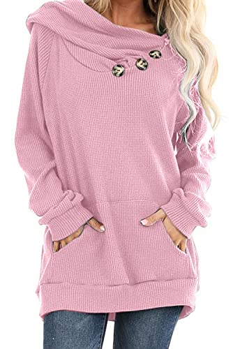 Image of Ancapelion Women’s Casual Long Sleeve Pink Jumper Sweater Knitted Hoodies Pullover Sweater with Button Pocket for Ladies S