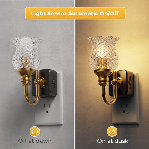 Image of L LOHAS LED Night Lights Plug into Wall, 2 Pack 3000K Soft White LED Floral Night Lights with Auto Sensor, 0-100lm Adjustable Brightness, for Hallway Bedroom Stairway