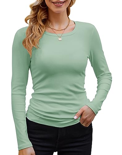 GEMBERA Gerippte Langarmshirts für Damen, Rundhalsausschnitt, leger, schmale Passform, Strickoberteile, Salbeigrün, Groß