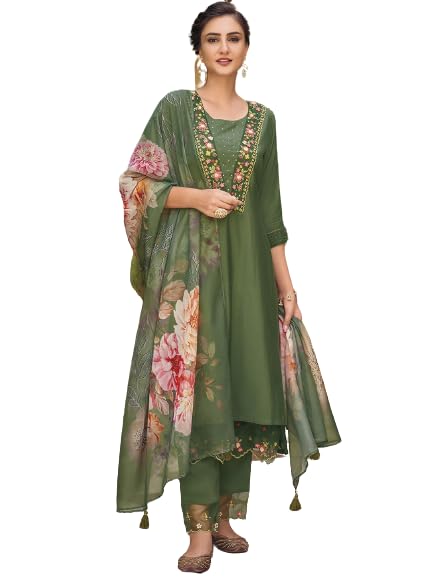 ROYALICA Women's Embroidered Muslin Regular Fit 3/4 Sleeve Lightweight Casual Wear Kurti Pant with Printed Dupatta