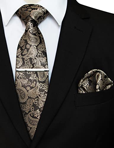 Image of JEMYGINS Mens Solid Color Paisley Necktie and Pocket Square with Tie Clip Sets
