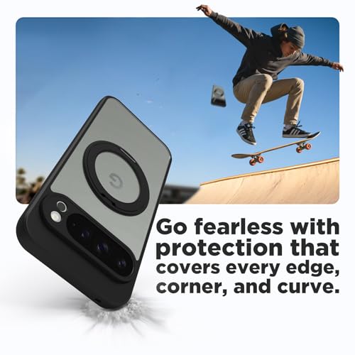 Image of RIGGEAR Shockproof Sleek Hybrid Armor 360 Rotating Magnetic Ring Stand Back Cover Case Compatible with MagSafe Accessories for Google Pixel 9 Pro XL (Clear PC + Black TPU Bumper)