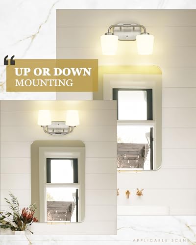 Image of 2-Light Bathroom Light Fixtures Over Mirror, Brushed Nickel | Vanity Lighting Fixtures with Milk White Glass, Vintage Farmhouse Wall Sconces Lighting, AD-22004-2W-SN