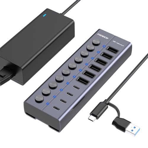 FIDECO 60W 10-Port USB Hub with Power Adapter