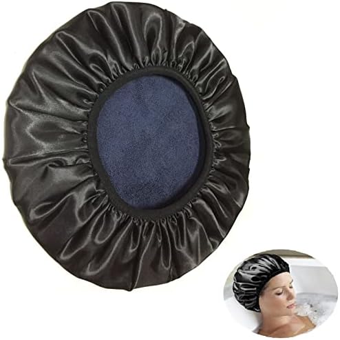 Terry Cloth Shower Cap,G.traveller Large Triple Layer Bathing Cap with Dry Hair Function Microfiber Shower Cap for Women with Silky Satin 100% Waterproof Reusable Bonnets (Black)