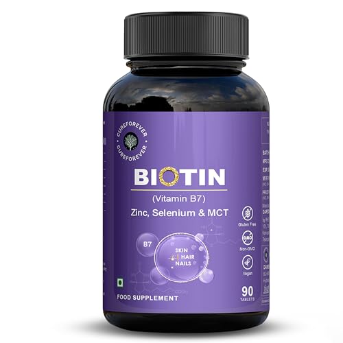 Image of CUREFOREVER Biotin Tablets for Hair Growth, Skin & Nails - 100% RDA with Zinc, Selenium & Coconut MCT | Supplement For Healthy Hair, Nails & Skin | 90 Veg Tablets for Men & Women | 3 Months Supply | 1 Daily Dose