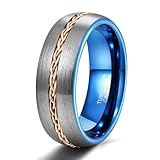 Grewod Anillo de Compromiso de Tungsteno para Hombre, Cepillado con Incrustaciones de Cadena Plata Azul 8mm Anillo Joyeria Tamaño 14
