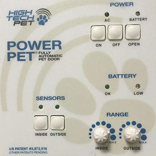 بند ڪرڻ view of the High Tech Pet automatic pet door control panel with buttons and range knobs.