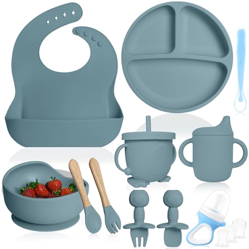 Image of Bluet B- Silicone Baby Feeding Set with Pacifier - Baby Led Weaning Supplies - Baby Spoons, Suction Bowl - Plate - Baby Utensils Set - Silicone Feeding Set for Baby First Foods - 11pcs - Blue